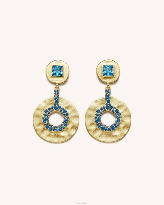 18ct Gold Plated & Deep Sea Blue Zircon JW PEI Geometrical Openwork Small Round Earrings VV8B384
