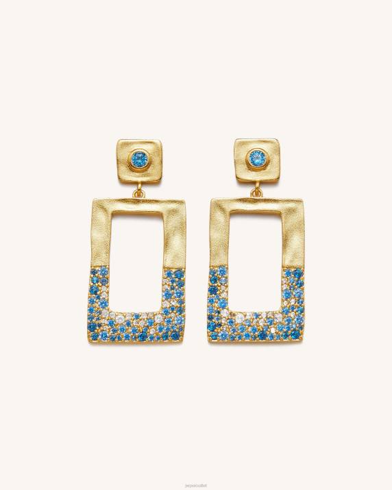 18ct Gold Plated & Sea Blue Nano JW PEI Geometrical Openwork Rectangle Earrings VV8B388