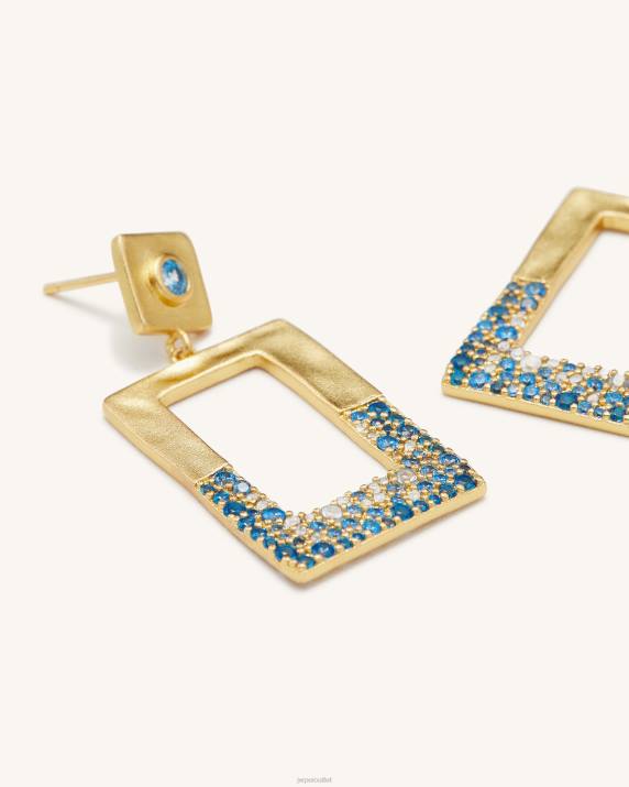 18ct Gold Plated & Sea Blue Nano JW PEI Geometrical Openwork Rectangle Earrings VV8B388