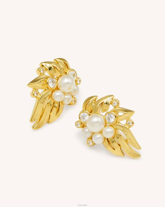 18ct Gold Plated & White Zircon & Faux Pearls JW PEI Flowers Earings VV8B400