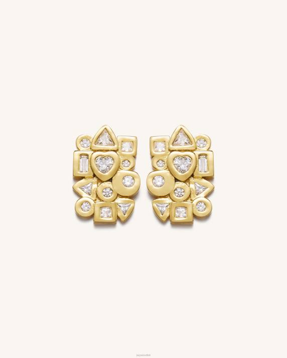 18ct Gold Plated & White Zircon JW PEI Geometrical Combination Earrings VV8B397