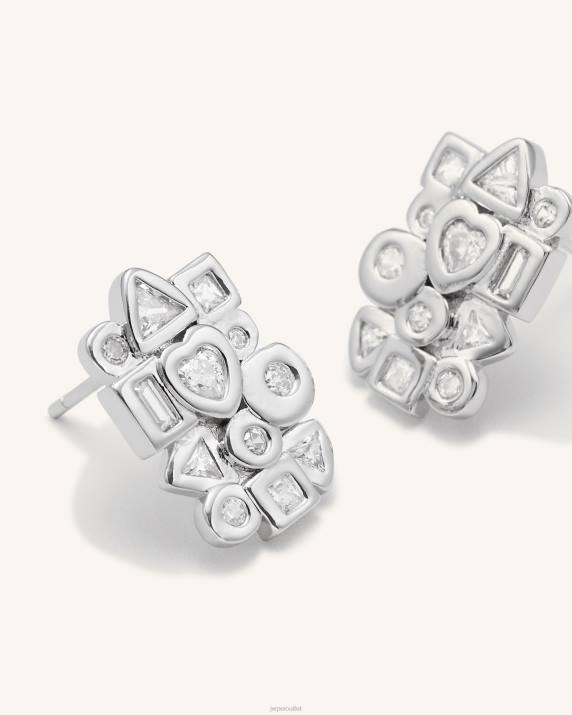 18ct White Gold Plated & White Zircon JW PEI Geometrical Combination Earrings VV8B399