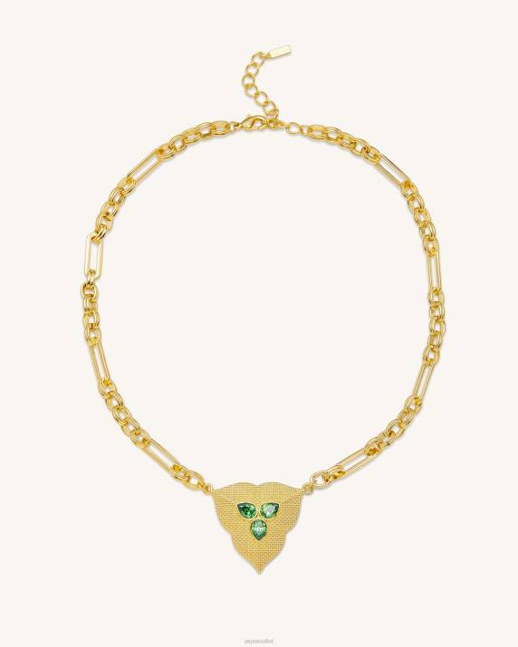 18ct Gold Plated & Dark Green Zircon JW PEI Leaf Pendant Necklace VV8B358
