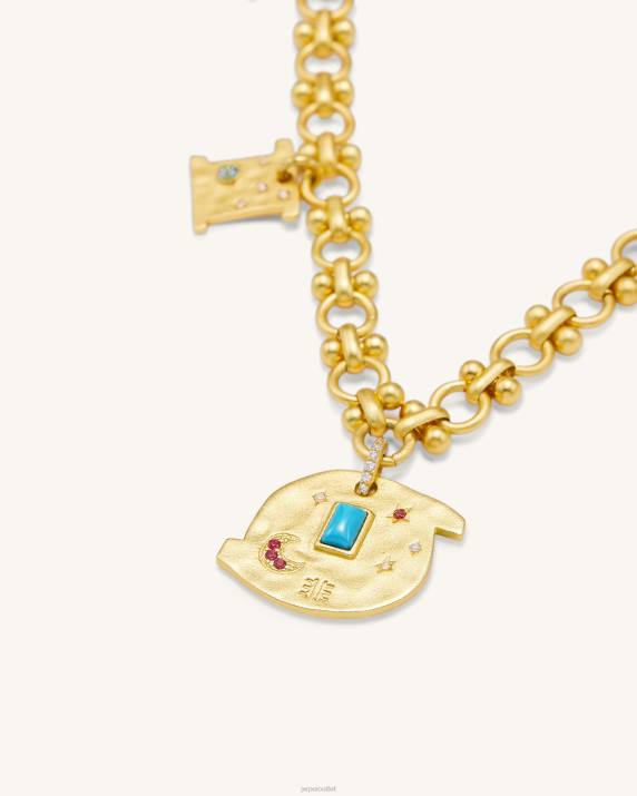 18ct Gold Plated & Turquoise & Multicolor Zircon & Blue And White Porcelain Beads JW PEI Cosmos Round Multi Charm Necklace VV8B367