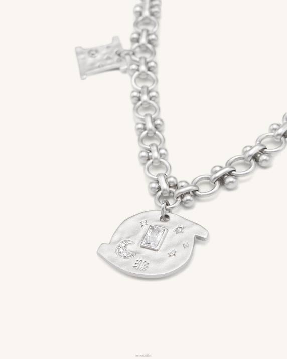 18ct White Gold Plated & White Zircon JW PEI Cosmos Round Multi Charm Necklace VV8B368